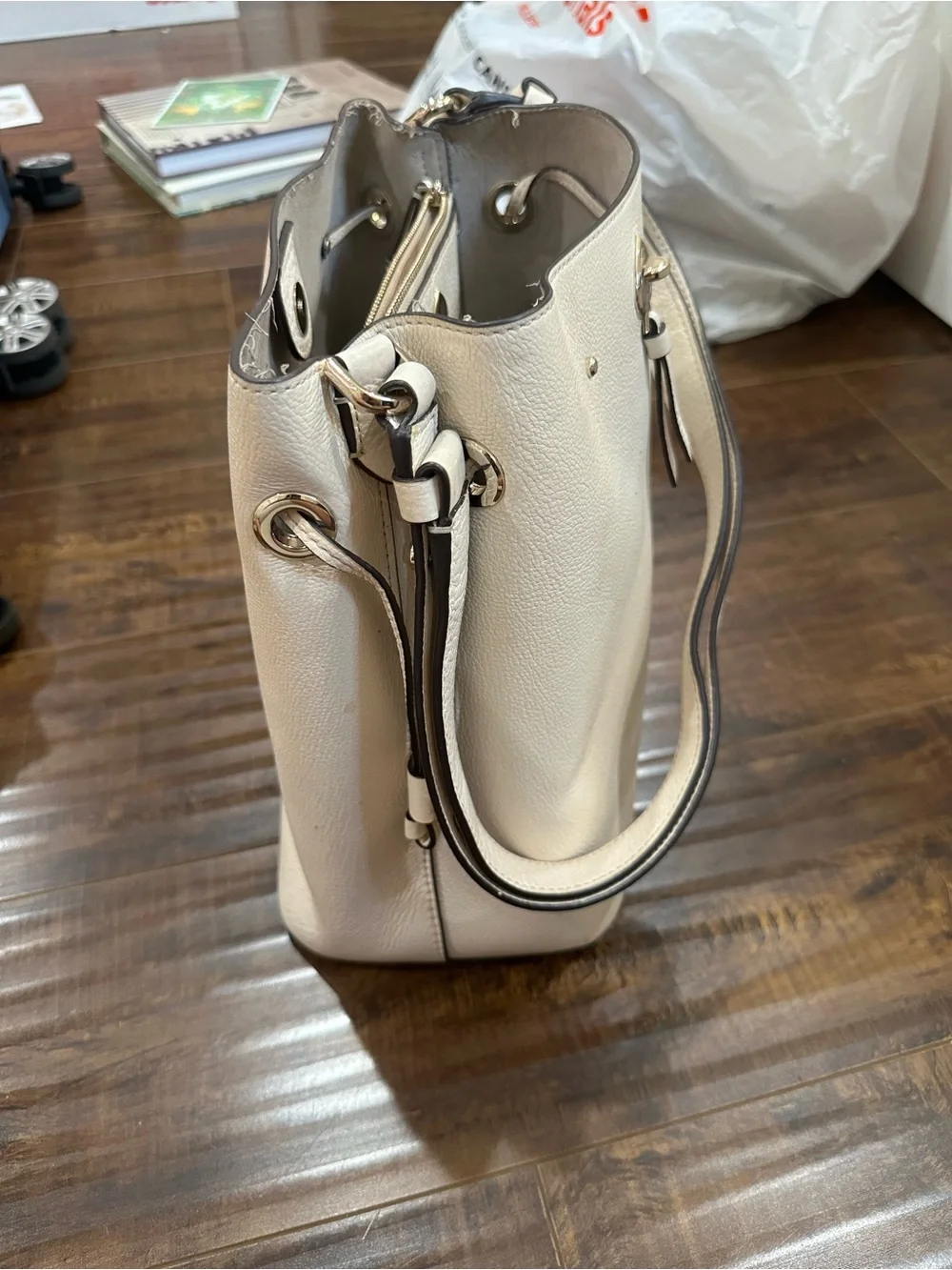 kate spade Cream Pebbled Leather Bucket Shoulder Bag with Gold Hardware